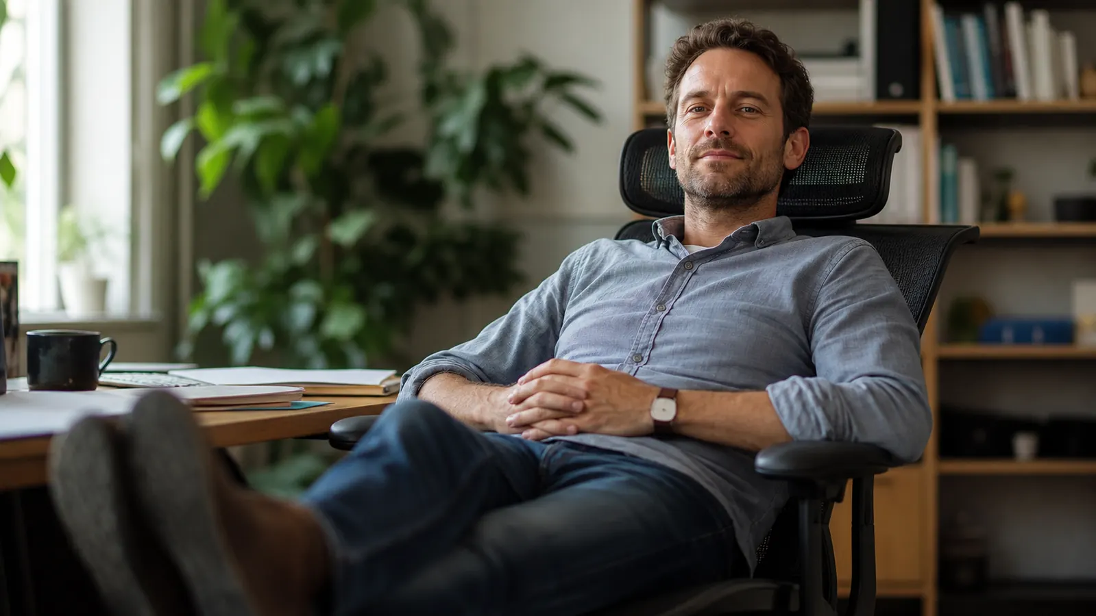 Person reclined in an ergonomic office chair with feet up on the built-in footrest during a break