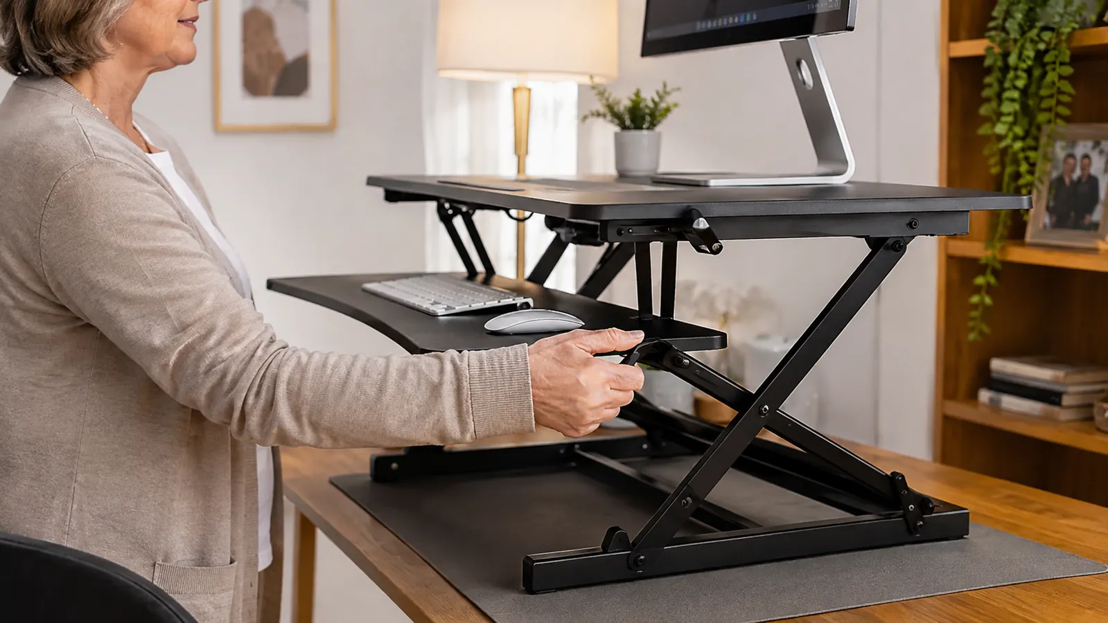 Close-up of a hand lifting the standing desk converter platform using the side release handle