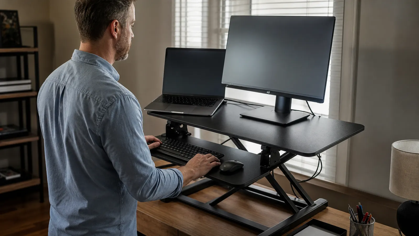 Overhead view of a laptop and external monitor sitting side by side on the raised upper tier of a desk converter