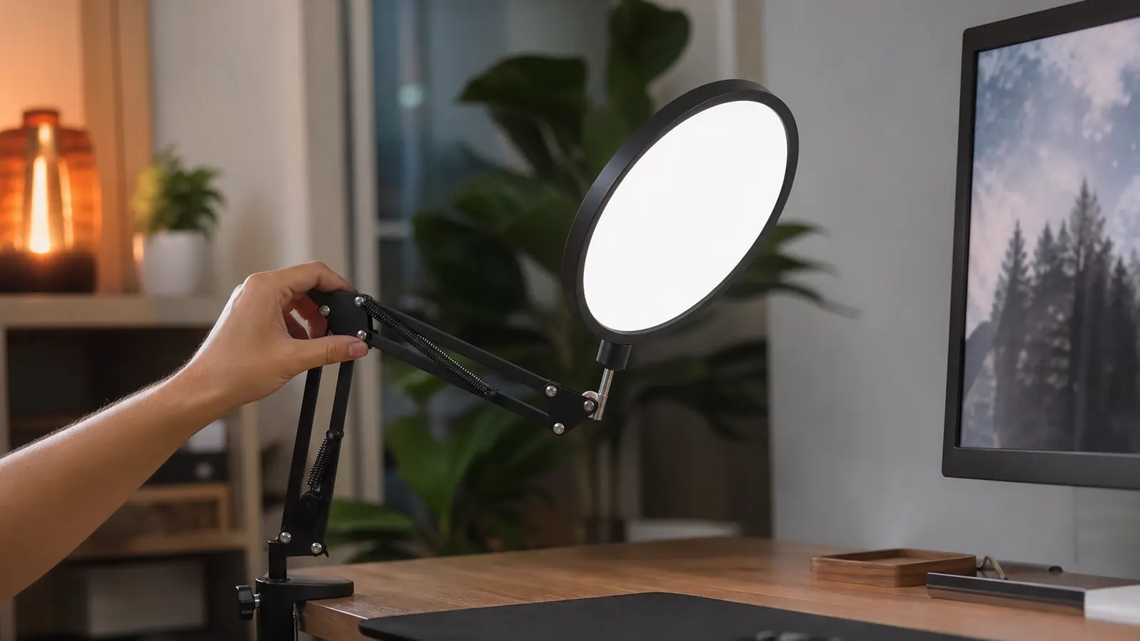 Hand adjusting the angle of a clipped-on key light next to a monitor