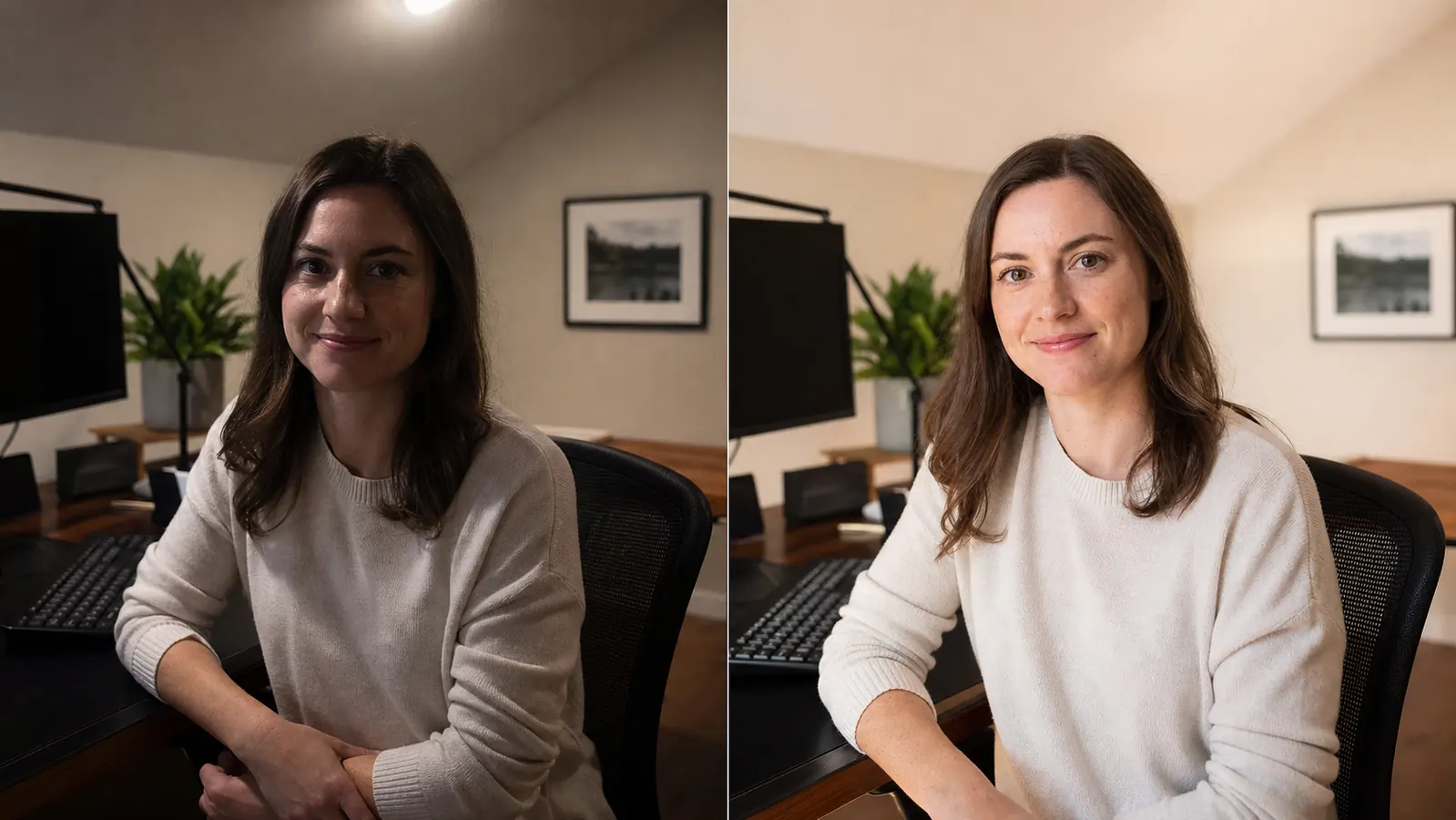 Split image showing the same desk workspace under harsh overhead light versus soft key light