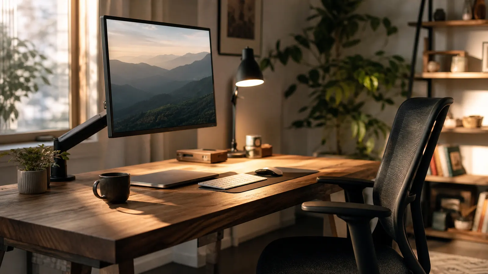 A tidy spare-bedroom home office at dusk with a mesh task chair, a raised monitor, and a warm desk light