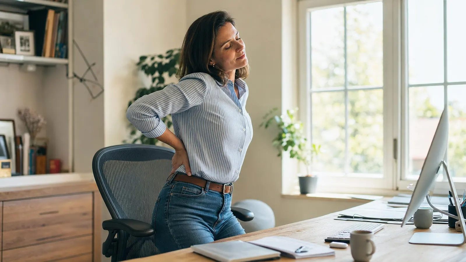 A person stands up from their desk chair and stretches during a short break in a bright home office.