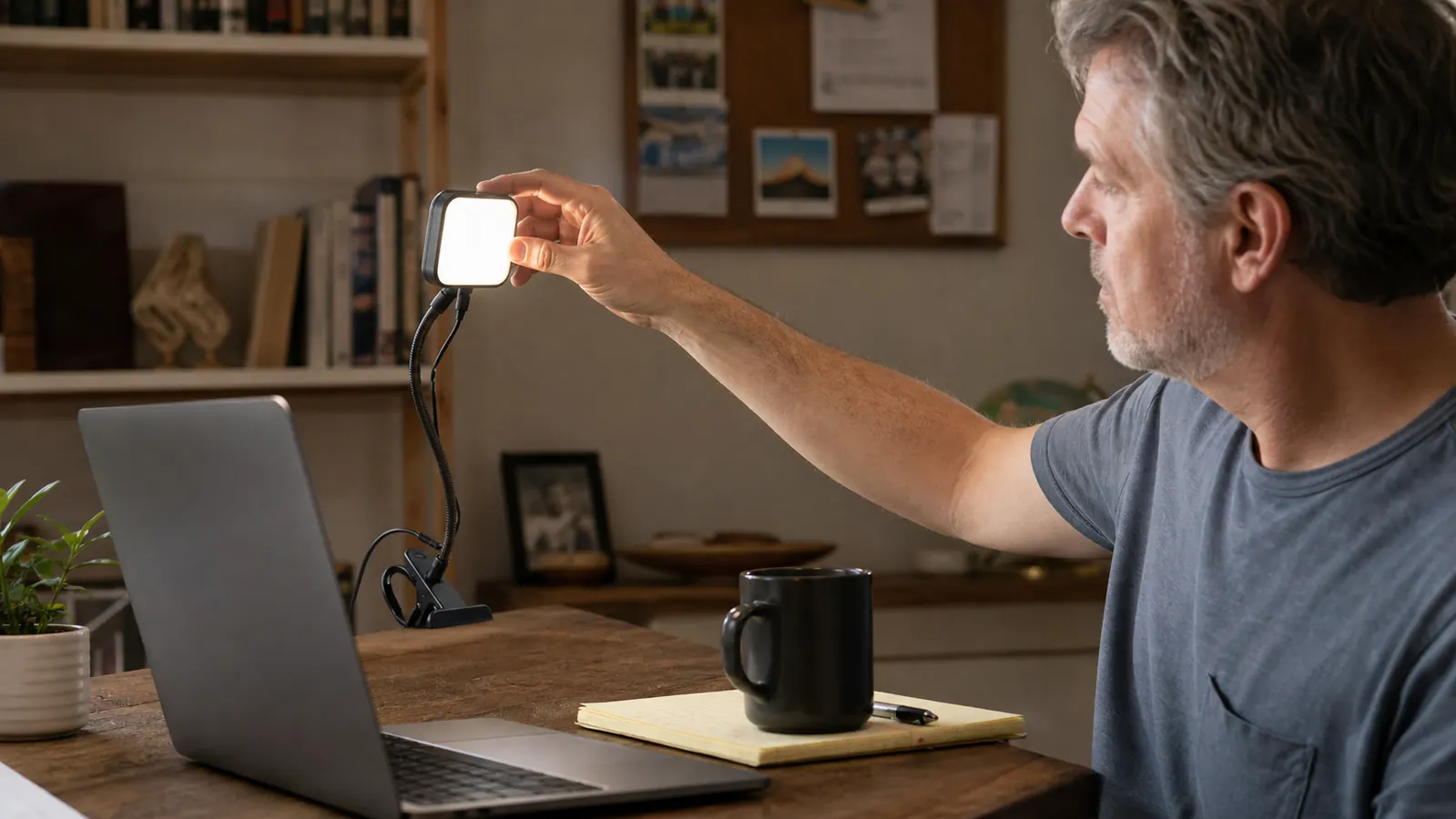 Hand adjusting a small clamp-mounted key light next to a laptop on a home office desk