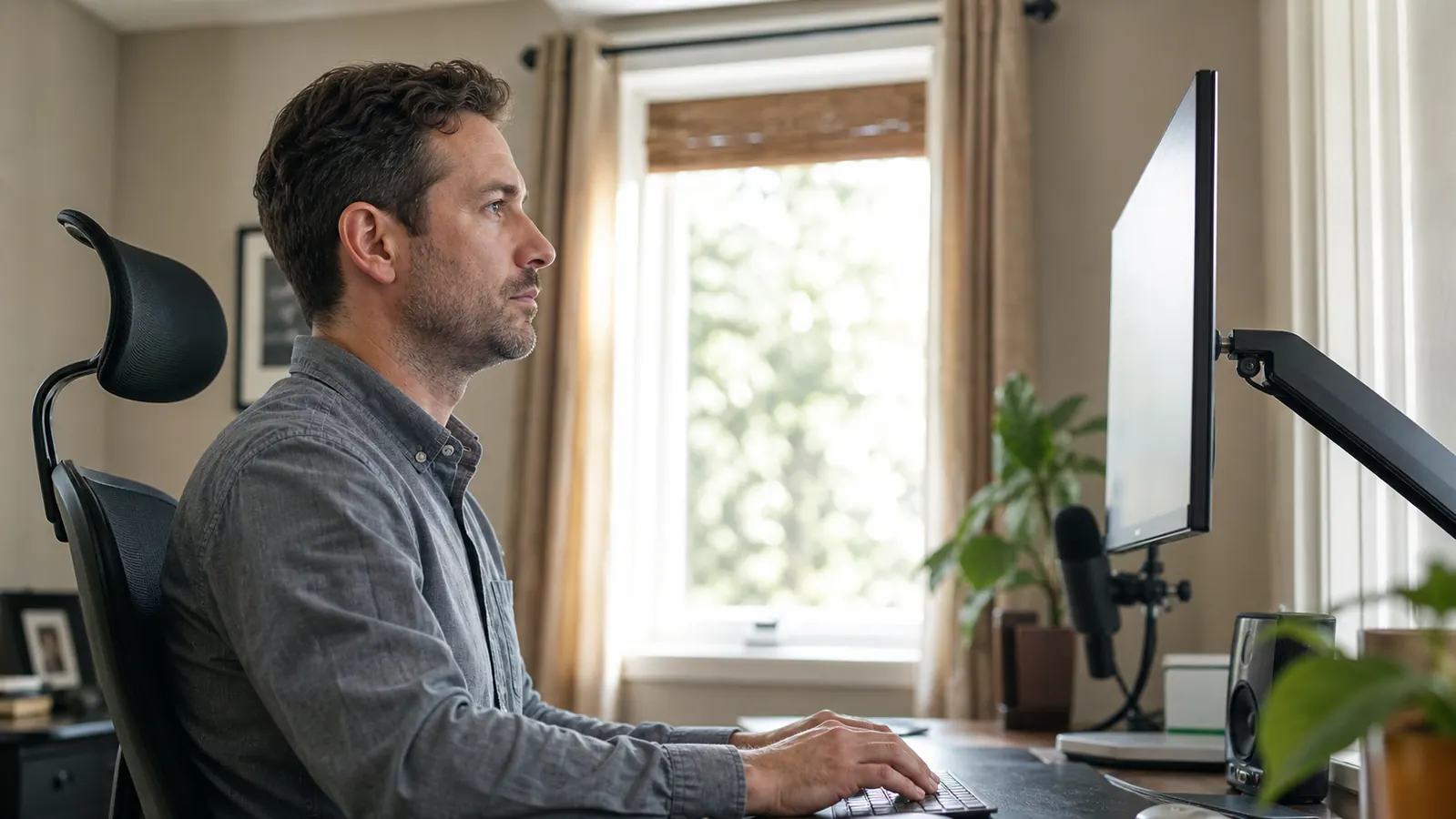 A person sitting upright at a desk with a neutral neck posture looking straight ahead at a monitor mounted at eye level