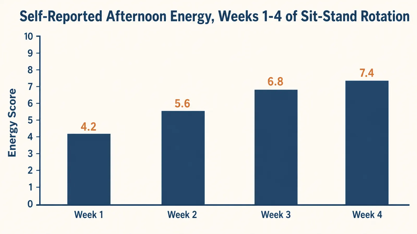 Bar chart showing self-reported afternoon energy scores rising over four weeks of using a sit-stand rotation