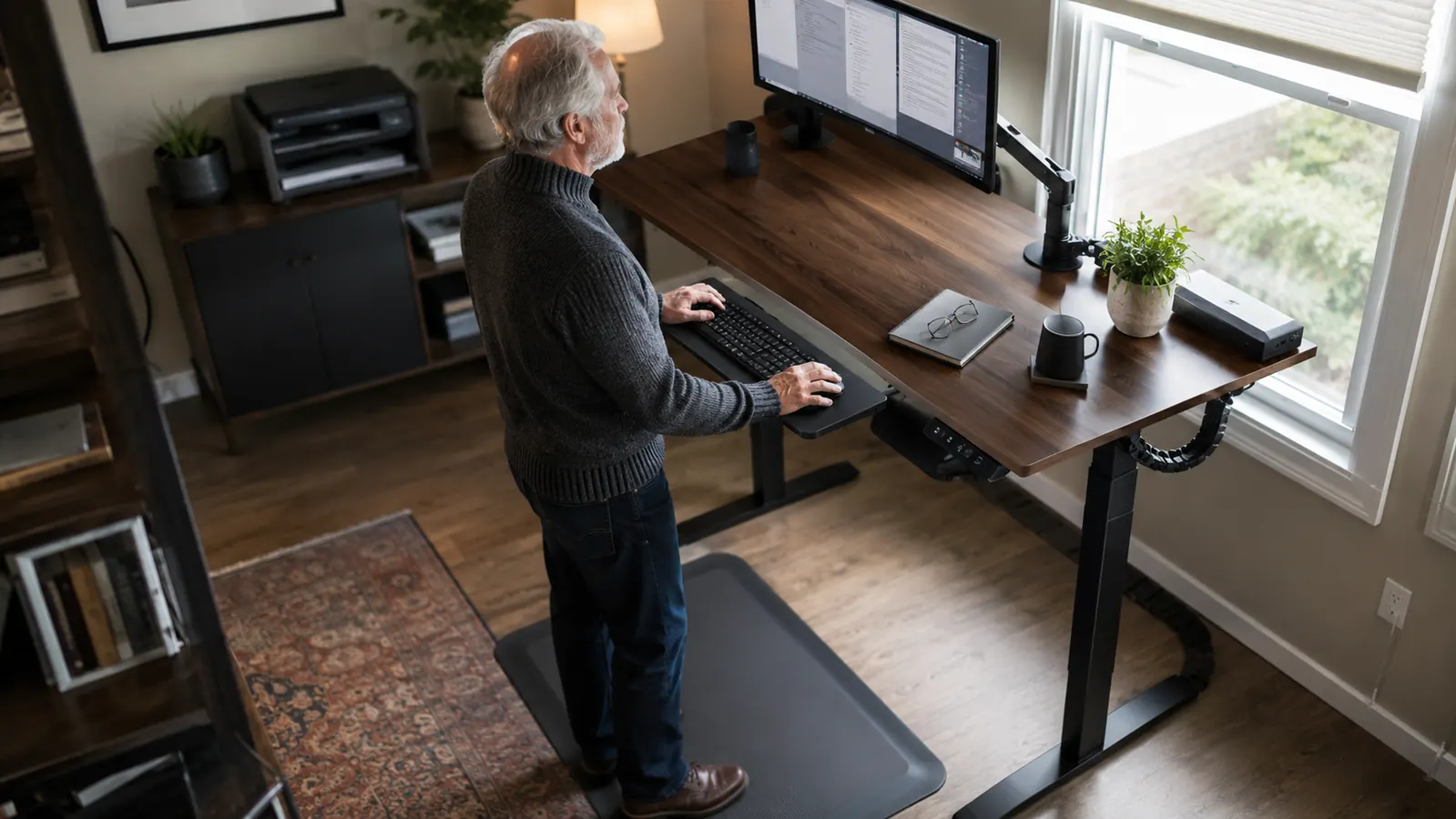 A standing desk converter workspace with an anti-fatigue mat, monitor arm, and keyboard tray arranged for standing work