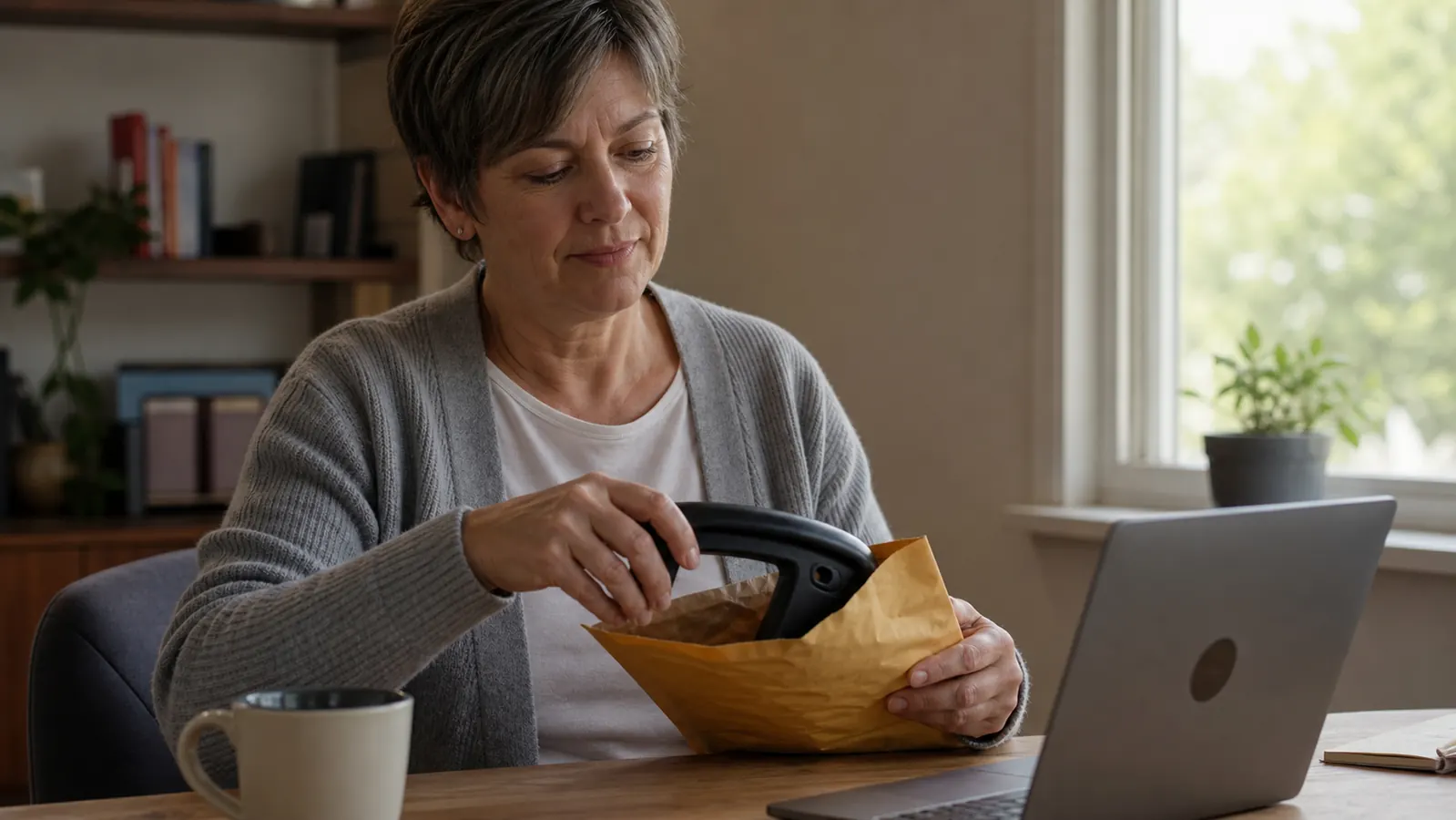 Person at a home desk opening a small padded shipping envelope containing a replacement chair part