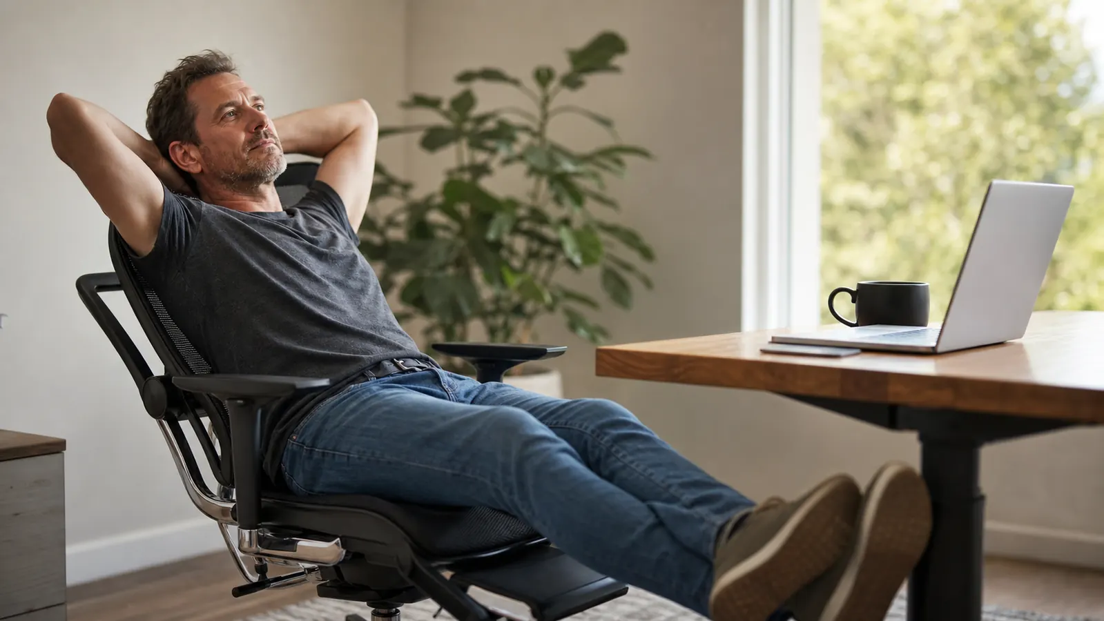 Person sitting at a home desk working on a laptop, leaning back comfortably in an ergonomic mesh chair with a footrest extended
