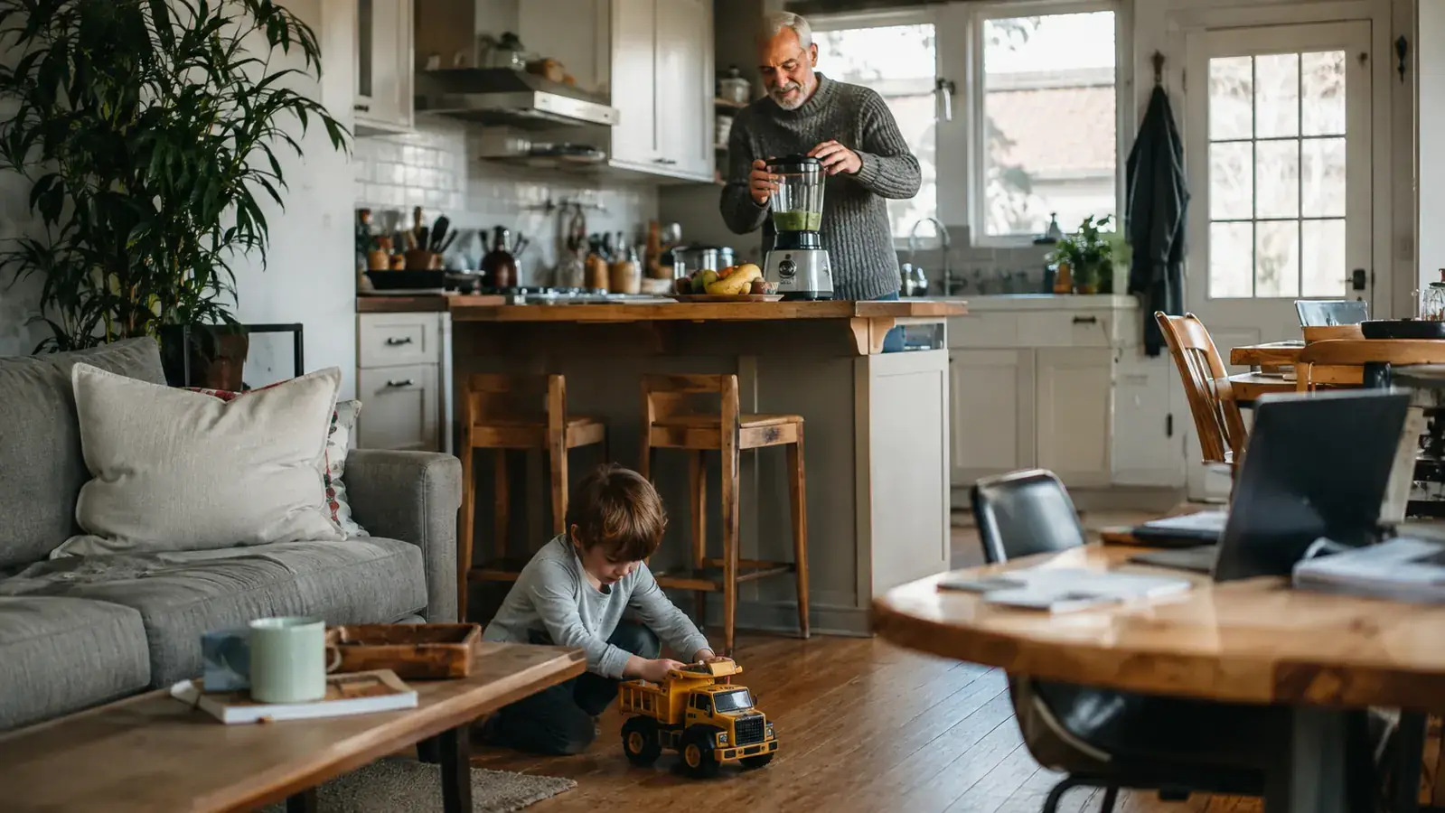 A busy open-plan living room and kitchen with a child playing on the floor and a blender running near a home office desk