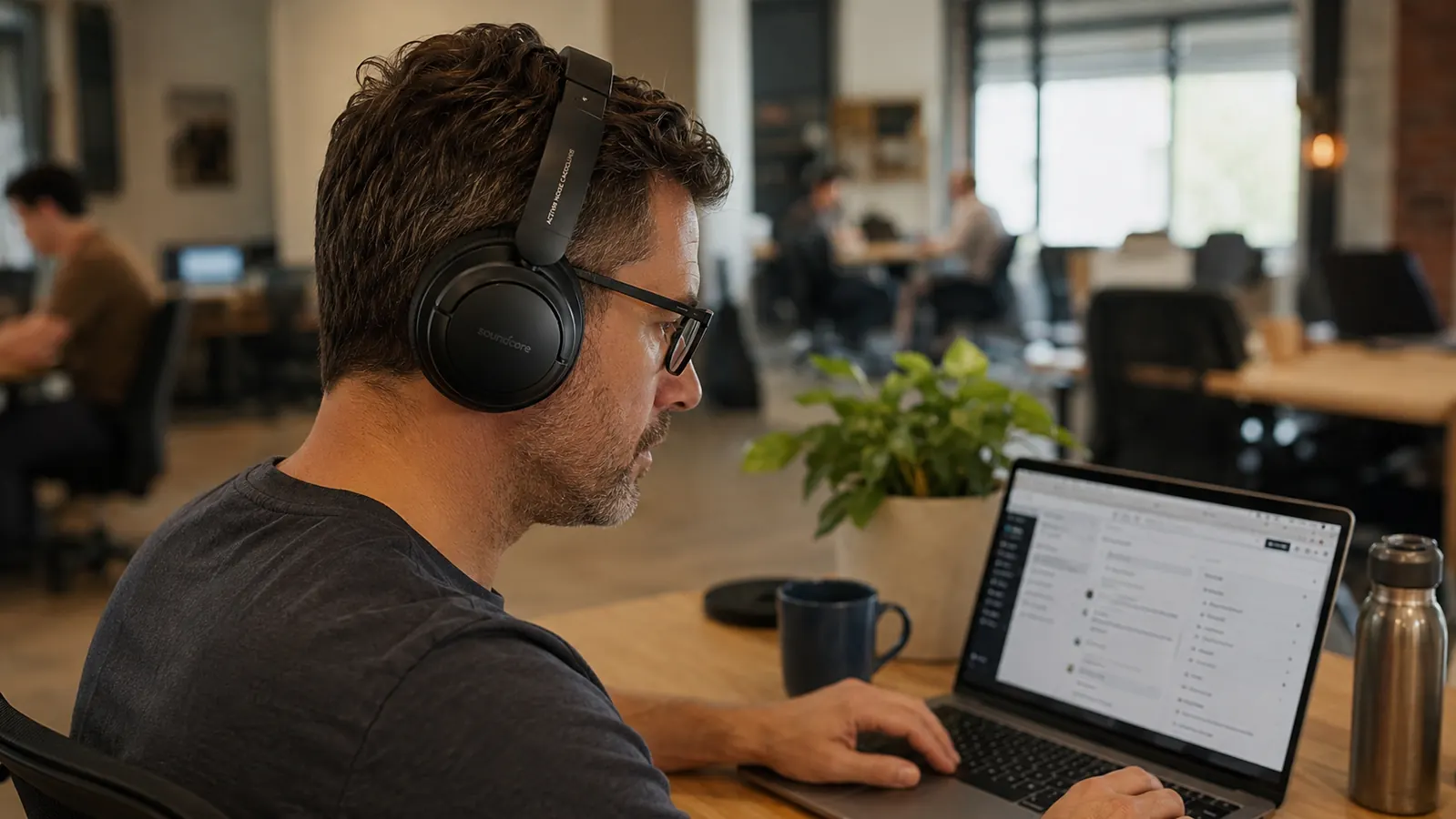 Person wearing glasses and black over-ear headphones working on a laptop at a shared coworking desk