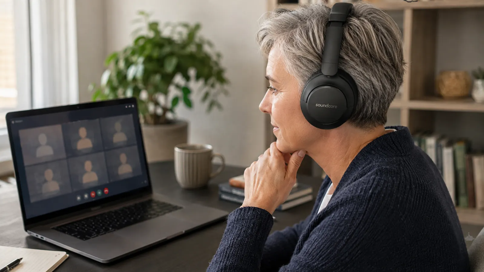 Person wearing black over-ear headphones while on a video call at a home office desk