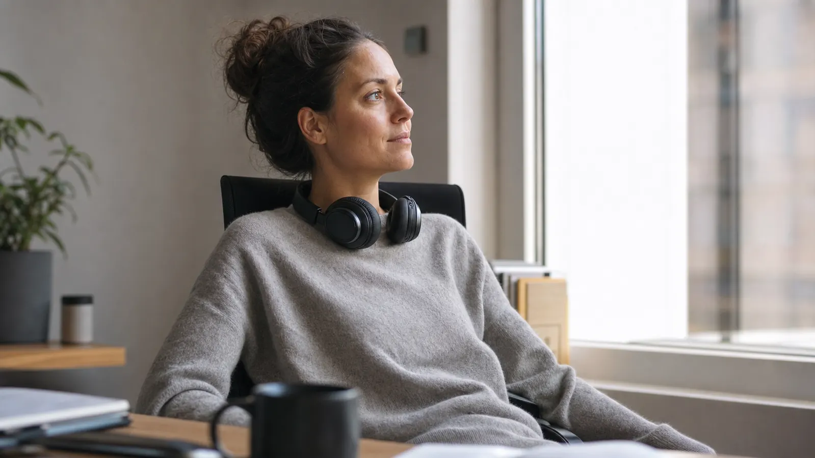 Home office worker leaning back in a chair with headphones around their neck during a break, looking out a window
