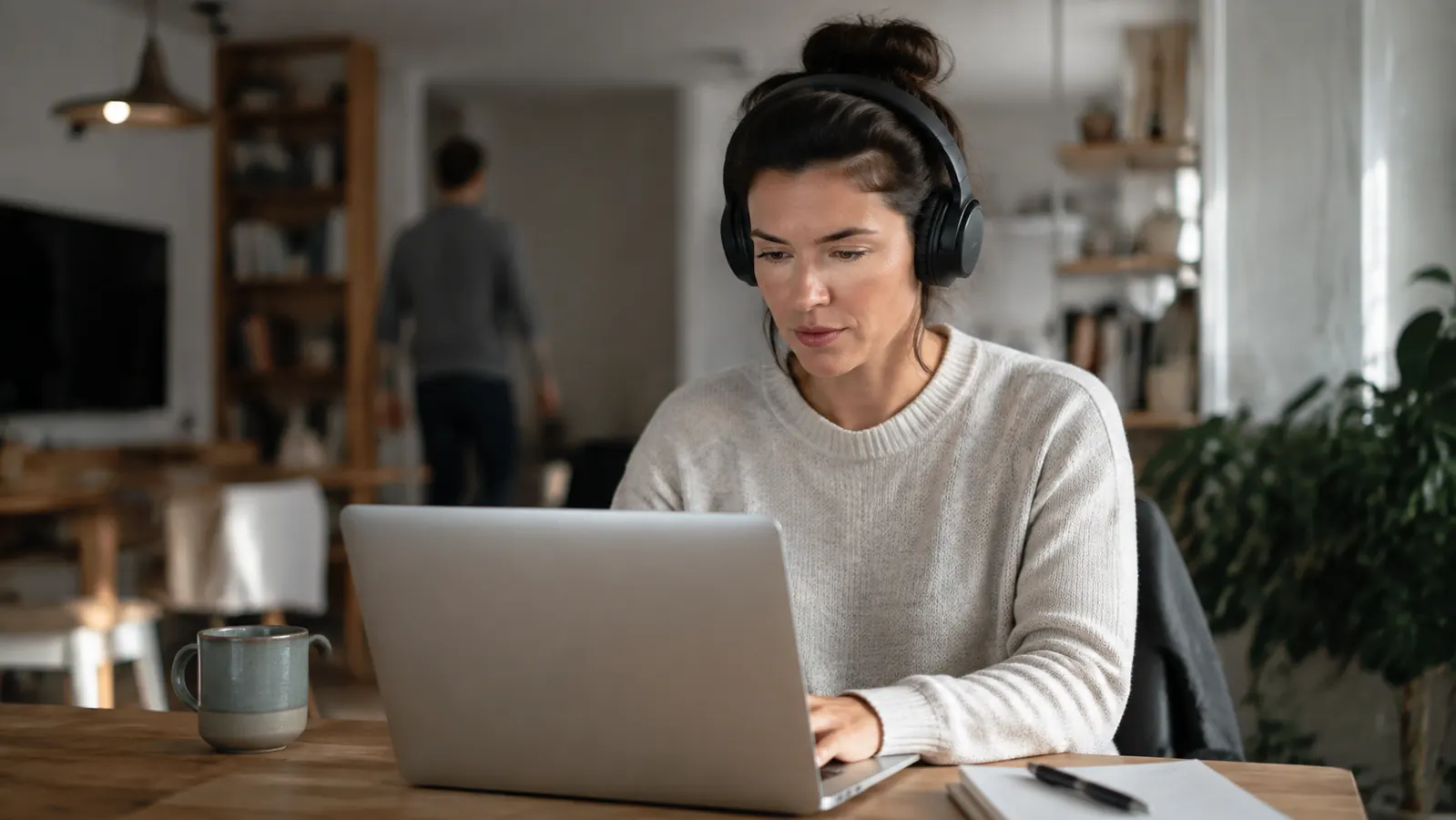 Person wearing black over-ear headphones on a video call at a home desk while another person walks through the background