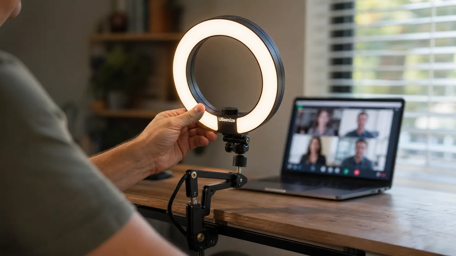 Hand adjusting the UBeesize key light's clamp arm to angle it toward a laptop webcam on a home office desk