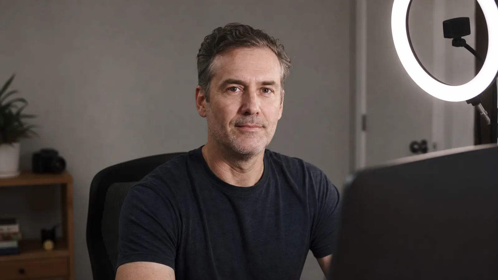 A remote worker mid video call, evenly lit face with no harsh shadows, key light glowing softly just off camera