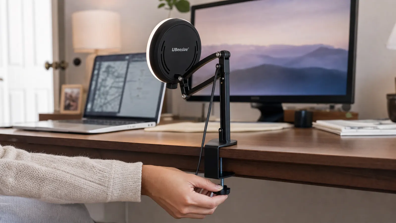 Close-up of a hand adjusting the clamp and arm joint of a desk-mounted ring light behind a monitor
