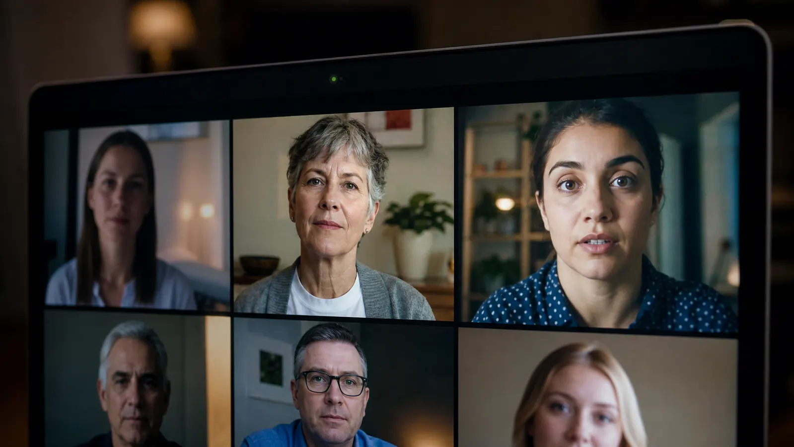 A laptop screen showing a video call grid with one participant tile evenly and softly lit and a neighboring tile showing a small visible ring of light reflected in the eyes