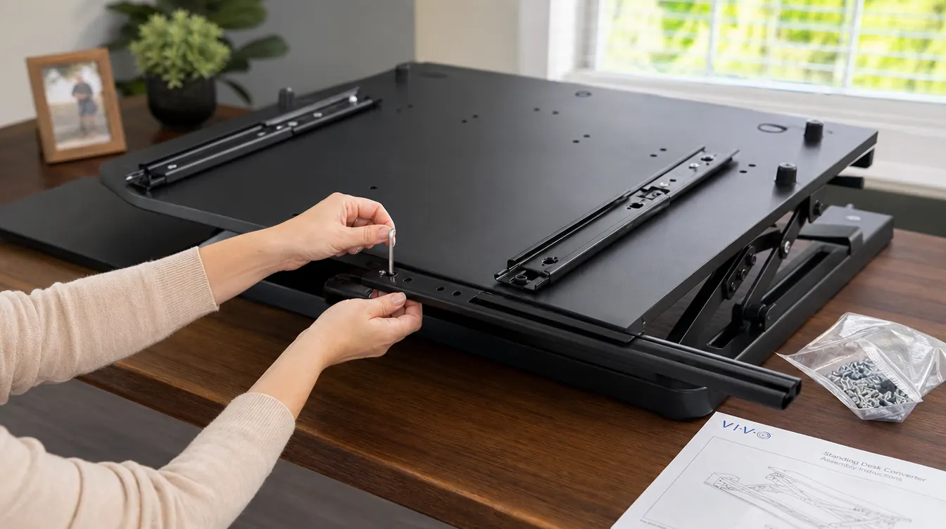 Hands using a hex key to attach the keyboard tray slide rails to the underside of a black standing desk converter during assembly