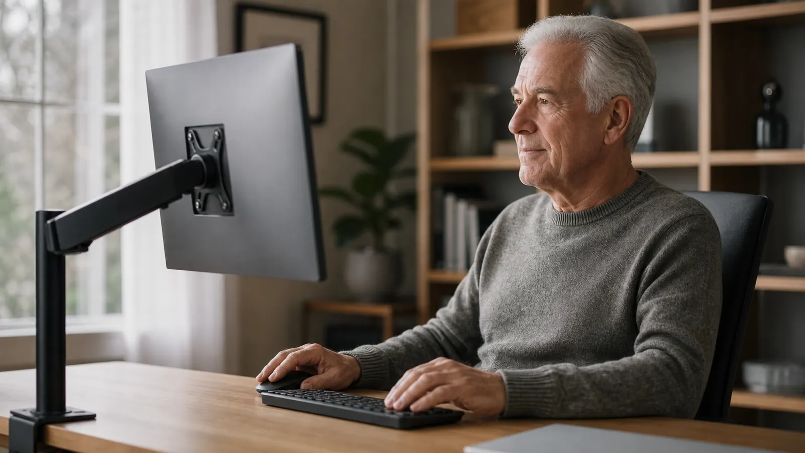 A person sitting upright at a desk looking directly at a laptop screen raised to eye level, shoulders relaxed