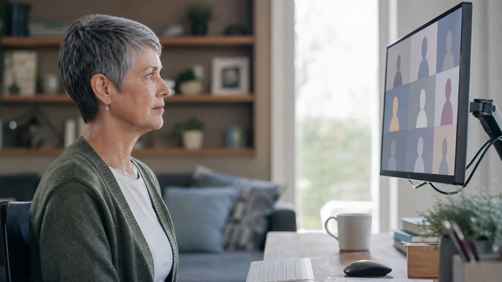 Home office worker sitting upright looking straight ahead at an eye-level monitor mounted on an arm during a video call