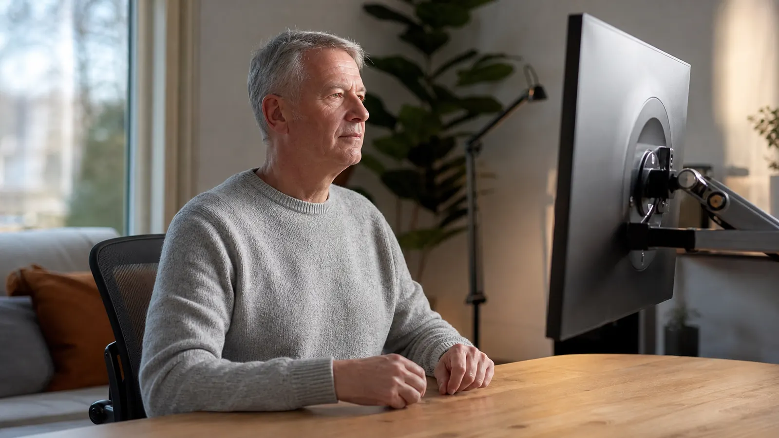Person sitting at a desk typing with a monitor raised on an articulating arm positioned directly at eye level, shoulders relaxed and back straight against the chair
